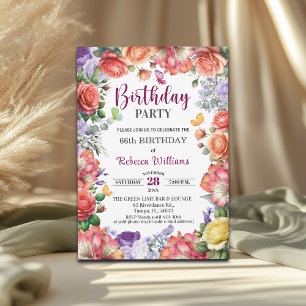 Elegant Colorful Floral 66th Birthday Party Invitation