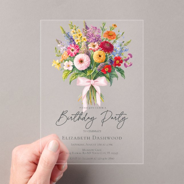 Elegant Colorful Garden Flowers Bouquet Birthday Acrylic Invitations (Insitu (Handheld))