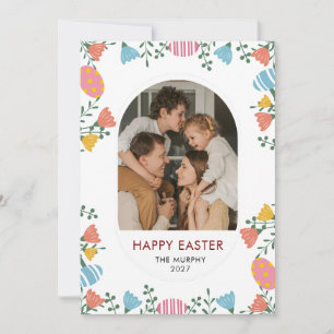 Elegant Colorful Oval Floral Easter Family Photo Holiday Card