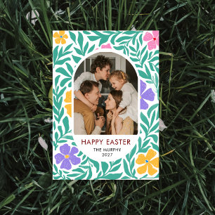 Elegant Colorful Oval Floral Easter Family Photo Holiday Card