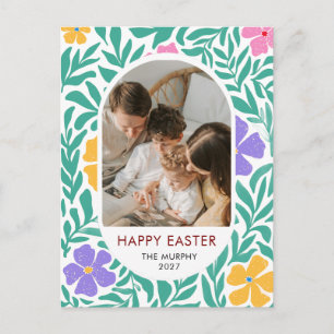 Elegant Colorful Oval Floral Easter Family Photo Holiday Postcard