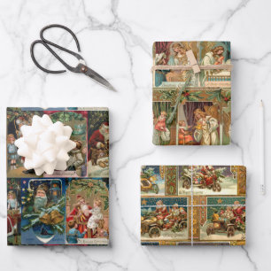 Elegant Colorful Victorian Gold Angels & Santas Wrapping Paper Sheet