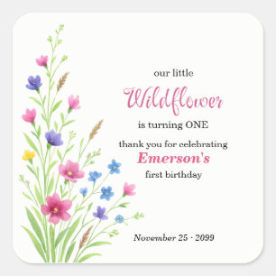 Elegant Colorful Wildflower 1st Birthday Party Square Sticker