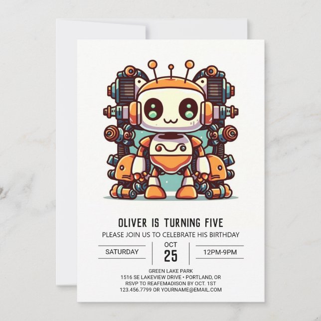 Elegant Colourful Antique Robot Birthday Invitation (Front)