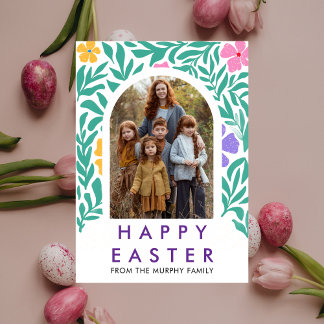 Elegant Colourful Arch Floral Easter Family Photo Holiday Card