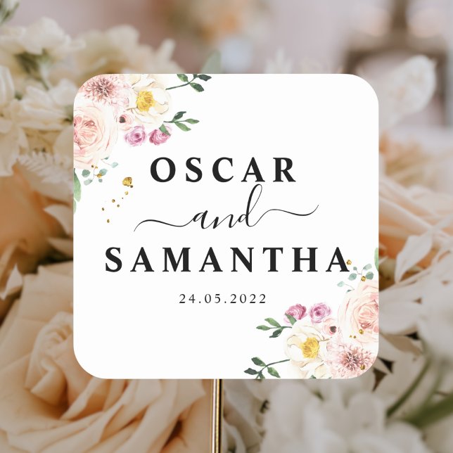 Elegant Colourful Beauty Flowers & Gold Drops Square Sticker (Creator Uploaded)