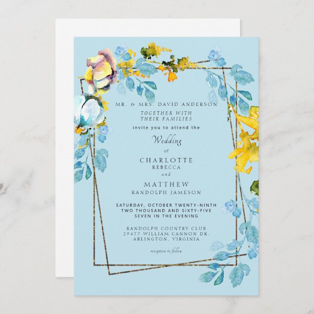 Elegant Colourful Blue & Yellow Floral Wedding  Invitation (Front/Back)