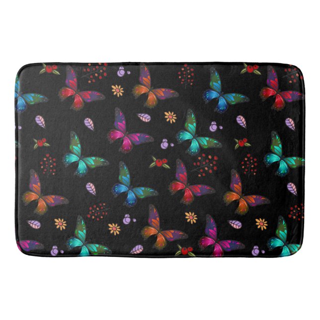 Elegant Colourful Butterflies on Black Bath Mat (Front)