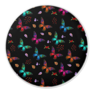 Elegant Colourful Butterflies on Black Ceramic Knob