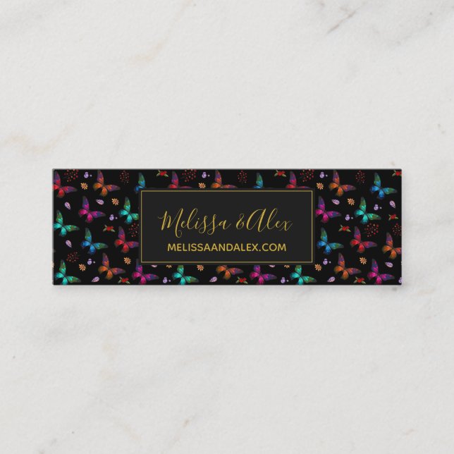 Elegant Colourful Butterflies on Black Custom Mini Business Card (Front)