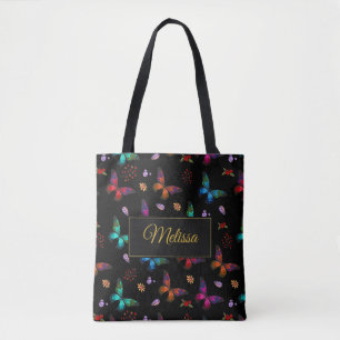 Elegant Colourful Butterflies on Black Custom Tote Bag