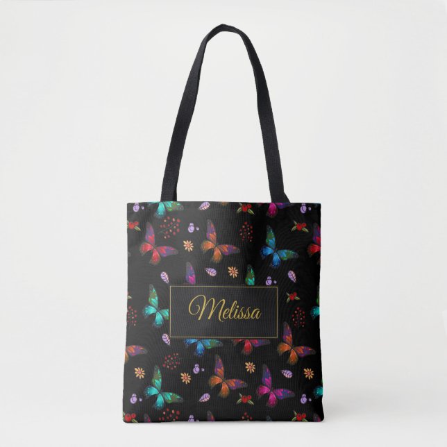 Elegant Colourful Butterflies on Black Custom Tote Bag (Front)