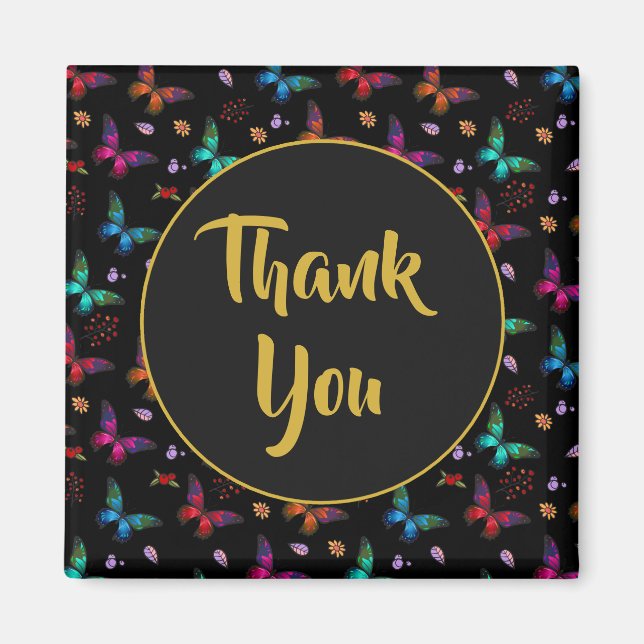 Elegant Colourful Butterflies on Black Thank You Magnet (Front)