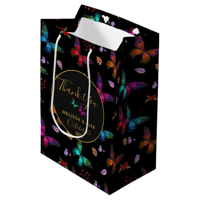 Elegant Colourful Butterflies on Black Wedding Medium Gift Bag (Front Angled)