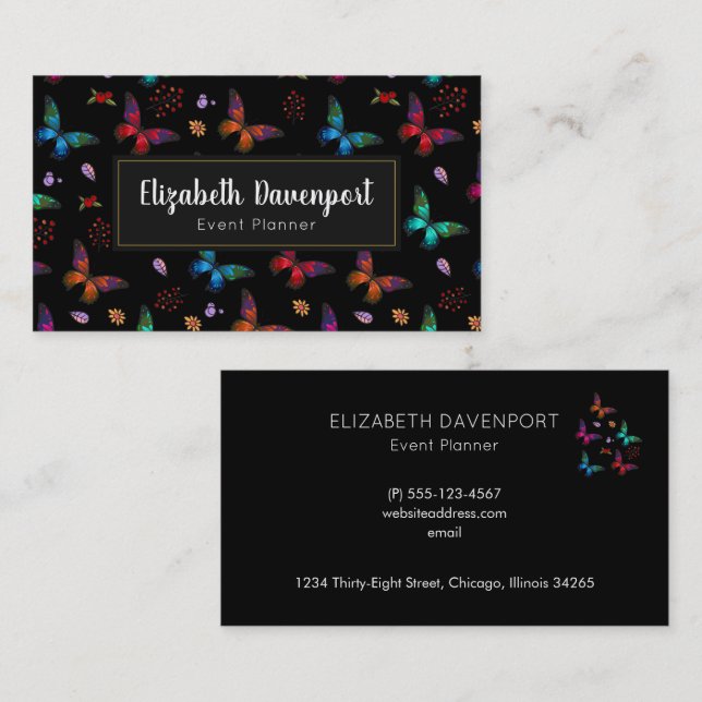 Elegant Colourful Butterflies Pattern on Black Business Card (Front/Back)