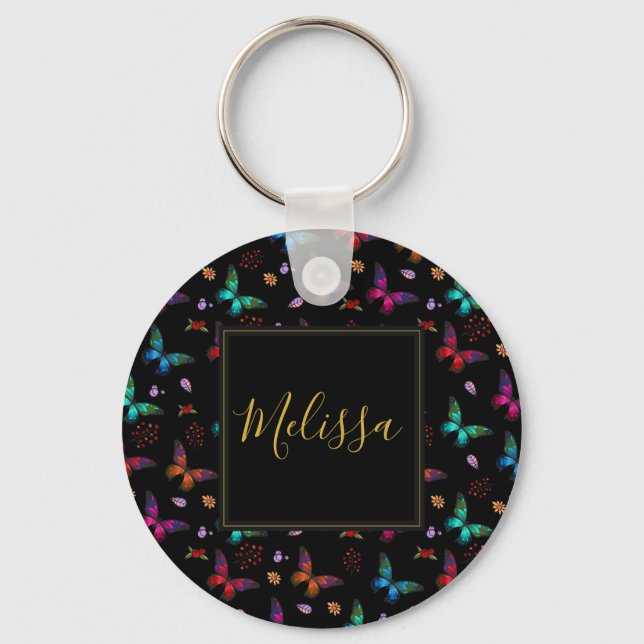 Elegant Colourful Butterflies Pattern on Black Key Ring (Front)