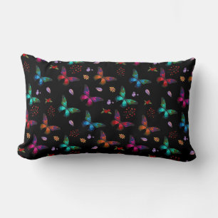 Elegant Colourful Butterflies Pattern on Black Lumbar Cushion