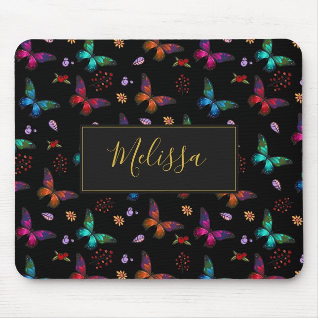 Elegant Colourful Butterflies Pattern on Black Mouse Pad (Front)