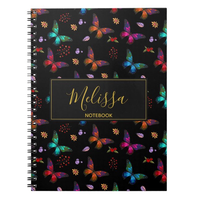 Elegant Colourful Butterflies Pattern on Black Notebook (Front)