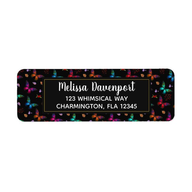 Elegant Colourful Butterflies Pattern on Black Return Address Label (Front)