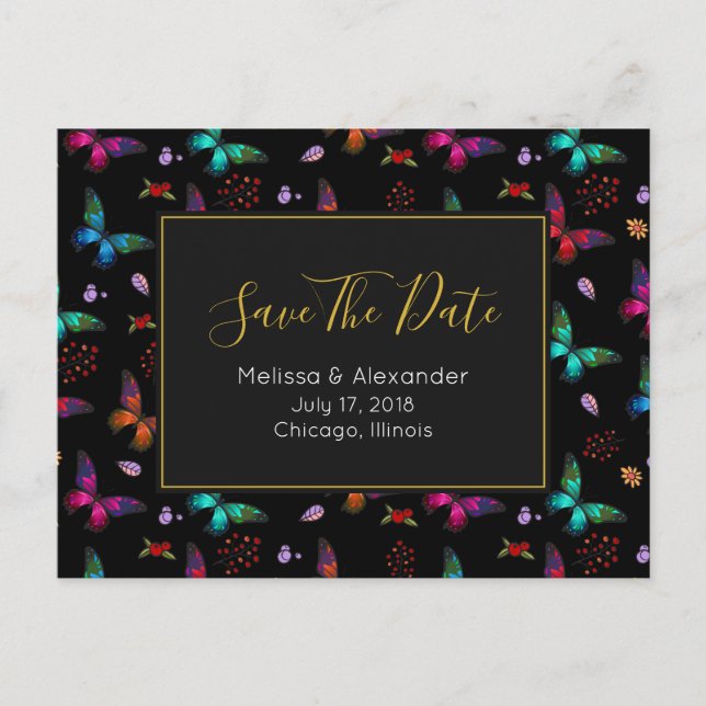 Elegant Colourful Butterflies Pattern Save The Dat Announcement Postcard (Front)