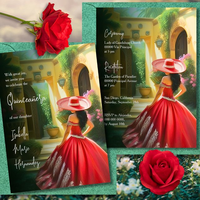 Elegant Colourful Charro Red Dress Quinceañera Invitation (Creator Uploaded)