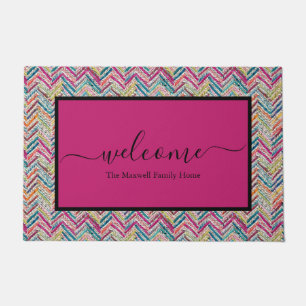 Elegant colourful chevron script name doormat