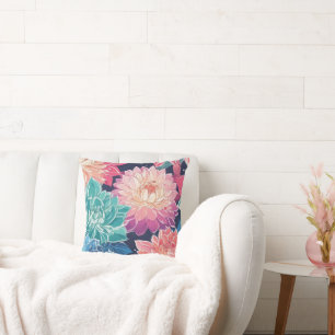 Elegant Colourful Dahlia Flowers on Dark Backgroun Cushion