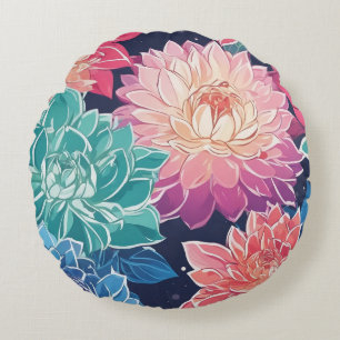 Elegant Colourful Dahlia Flowers on Dark Backgroun Round Cushion