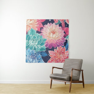 Elegant Colourful Dahlia Flowers on Dark Backgroun Tapestry