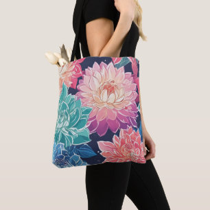 Elegant Colourful Dahlia Flowers on Dark Backgroun Tote Bag