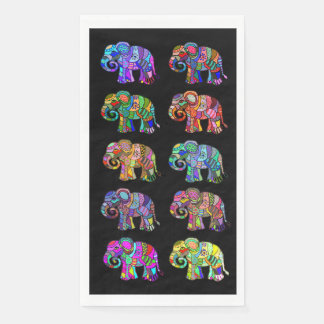 Elegant Colourful Ethnic Elephants on Black Napkin