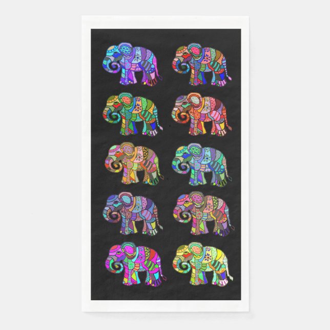 Elegant Colourful Ethnic Elephants on Black Napkin (Front)