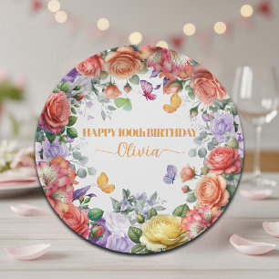 Elegant Colourful Floral 100th Birthday Party Paper Plate