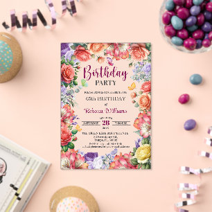 Elegant Colourful Floral 65th Birthday Party Acrylic Invitations
