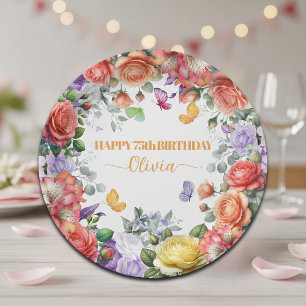 Elegant Colourful Floral 75th Birthday Party Paper Plate