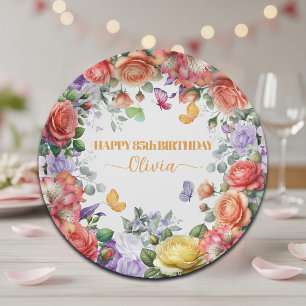 Elegant Colourful Floral 85th Birthday Party Paper Plate