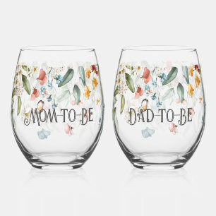 Elegant Colourful Floral Drop l Mum & Dad-to-Be Stemless Wine Glass