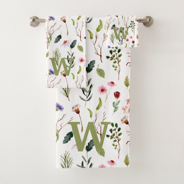 Elegant Colourful Floral Personalised Monogram Bath Towel Set (Insitu)