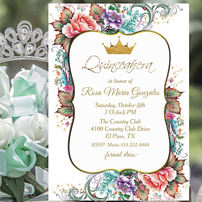 Elegant Colourful Floral Quinceañera Birthday Invitation (Creator Uploaded)