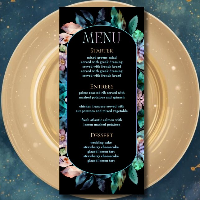 Elegant colourful florals black wedding menu (Creator Uploaded)