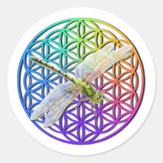 Elegant colourful flower of life dragonfly art classic round sticker (Front)
