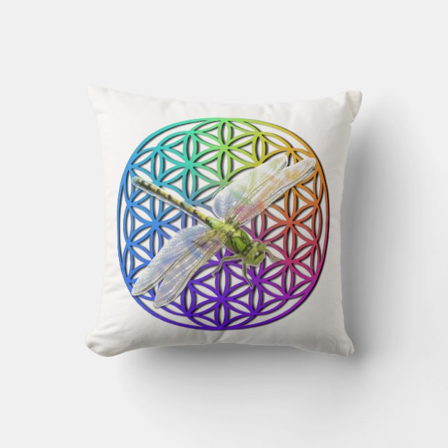 Elegant colourful flower of life dragonfly art cushion (Front)