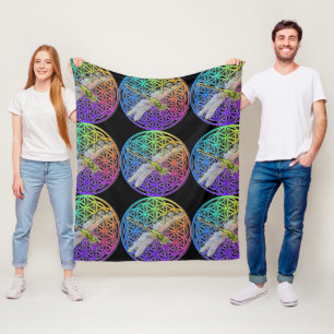 Elegant colourful flower of life dragonfly art fleece blanket