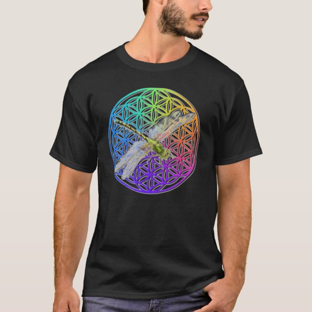 Elegant colourful flower of life dragonfly art T-Shirt (Front)
