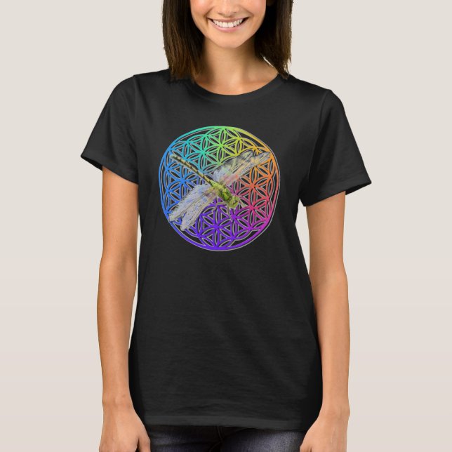 Elegant colourful flower of life dragonfly art T-Shirt (Front)