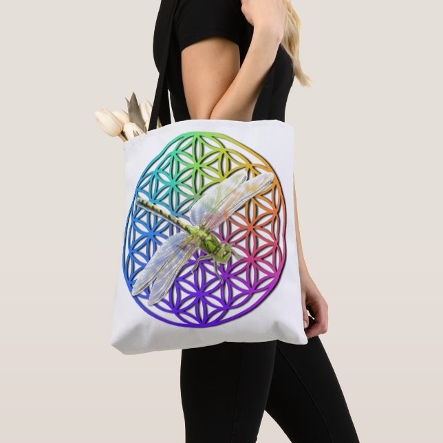Elegant colourful flower of life dragonfly art tote bag (Close Up)