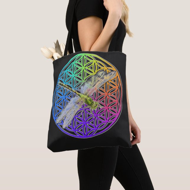 Elegant colourful flower of life dragonfly art tote bag (Close Up)