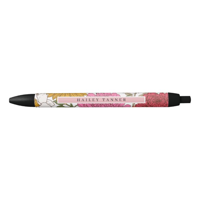 Elegant Colourful Flower Pattern Name  Black Ink Pen (Front)