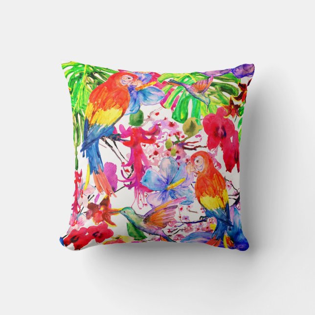 Elegant Colourful Flowers And Parrot Bird Cushion (Front)